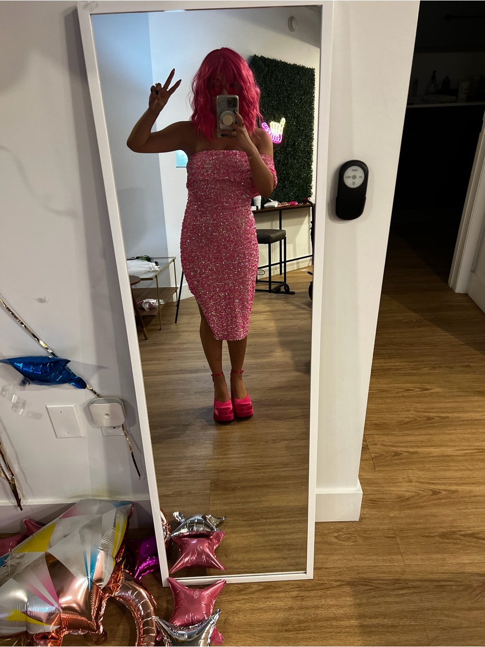 Barbie Vibes One-Shoulder Pink Sequin Dress - Picture 8 of 9